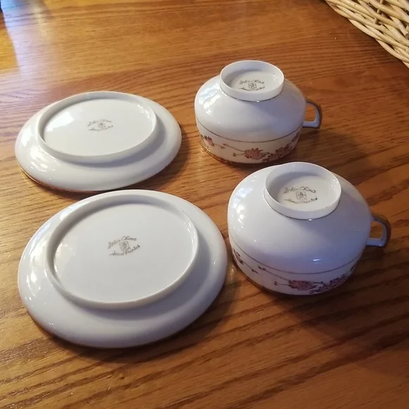 2 Antique Soko China hand painted cherry blossoms footed cup & saucer sets